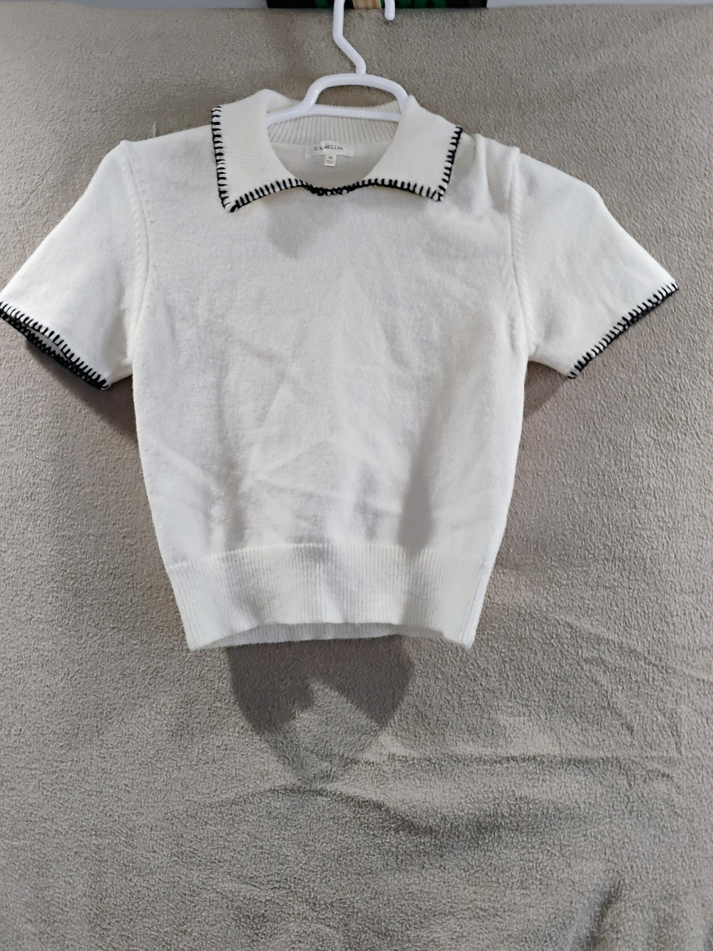 2/$15 C/MEO Collective White Short Sleeve Polo Sweater with Black Trim